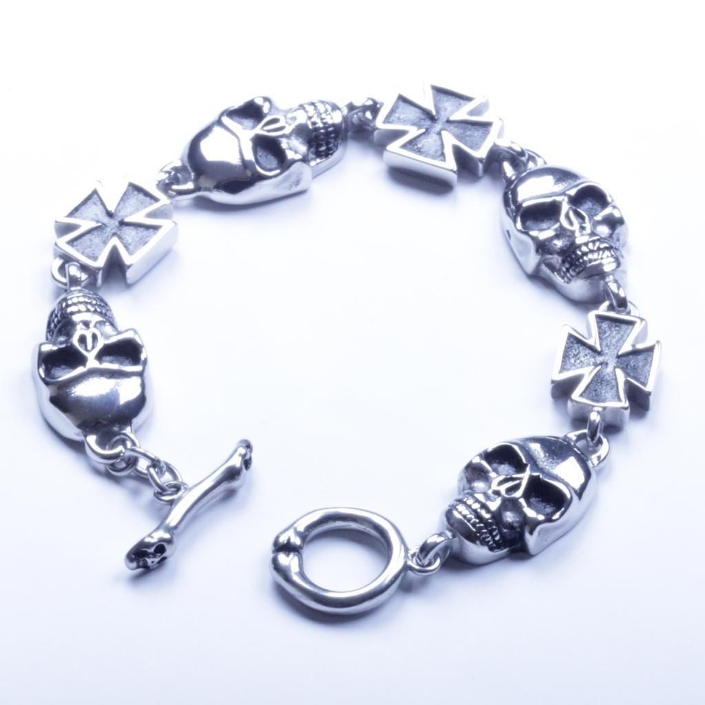 US Seller Men's Silver Stainless Steel Biker Skull Cross Bracelet SL01