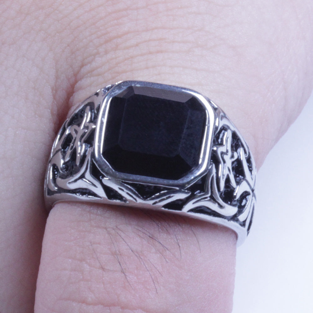 Men's Vintage Silver Stainless Steel Black CZ Biker Ring Size 8-12 SR99