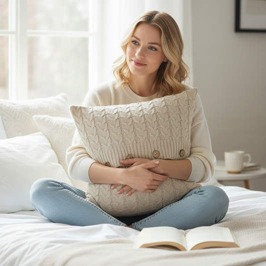 18x18 beige decorative throw pillow by fancy & stacy