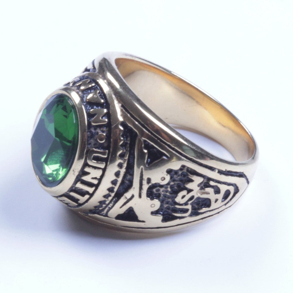 18K Gold plated Stainless Steel With Green CZ Navy's Ring Size 9-11 SR95