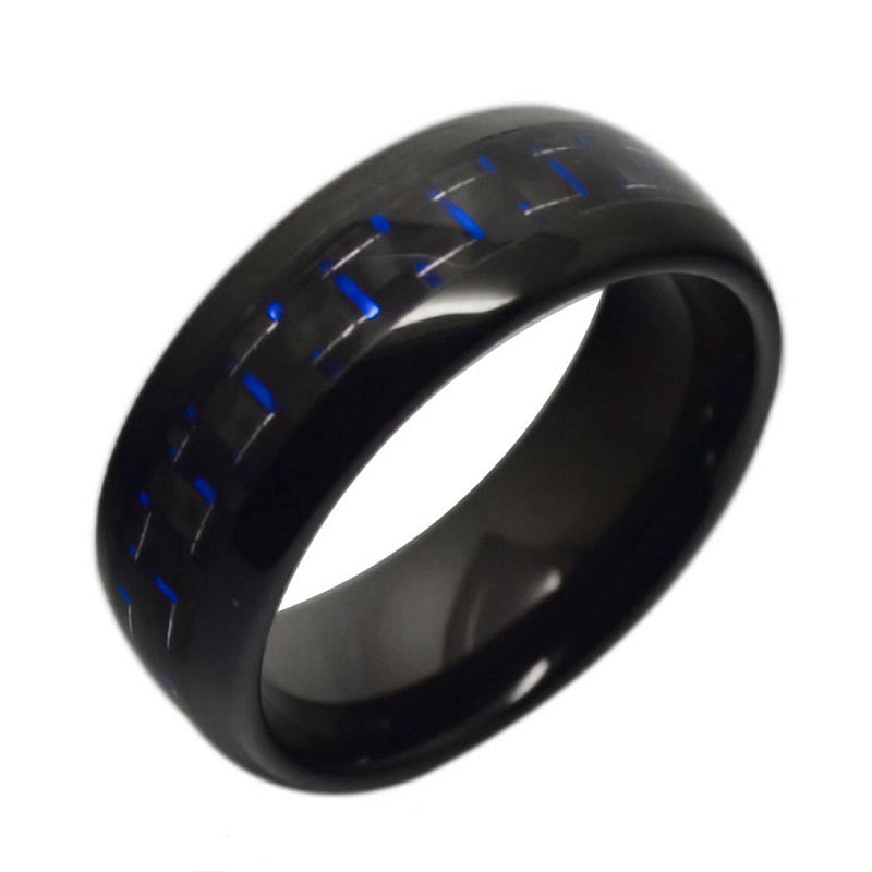 8mm Black Tungsten Carbide With Blue Carbon Fiber Wedding Band Size 8-13 TG56