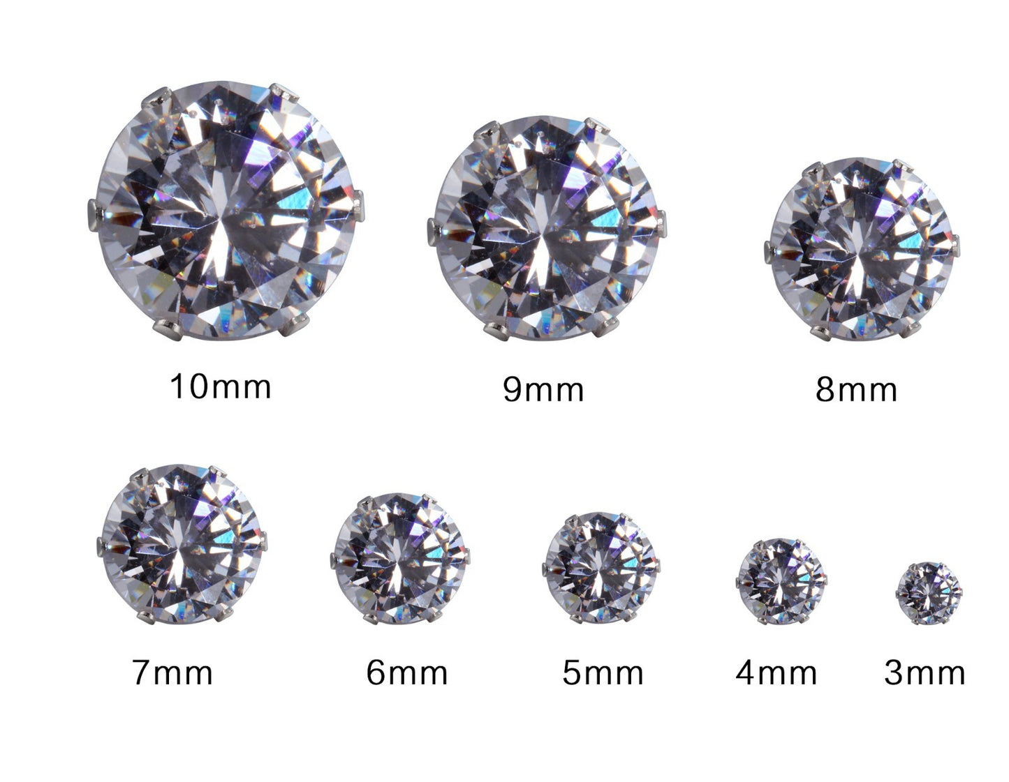 Lovely 316L Stainless Steel 3mm-10mm Round Clear CZ Stud Earrings SD03