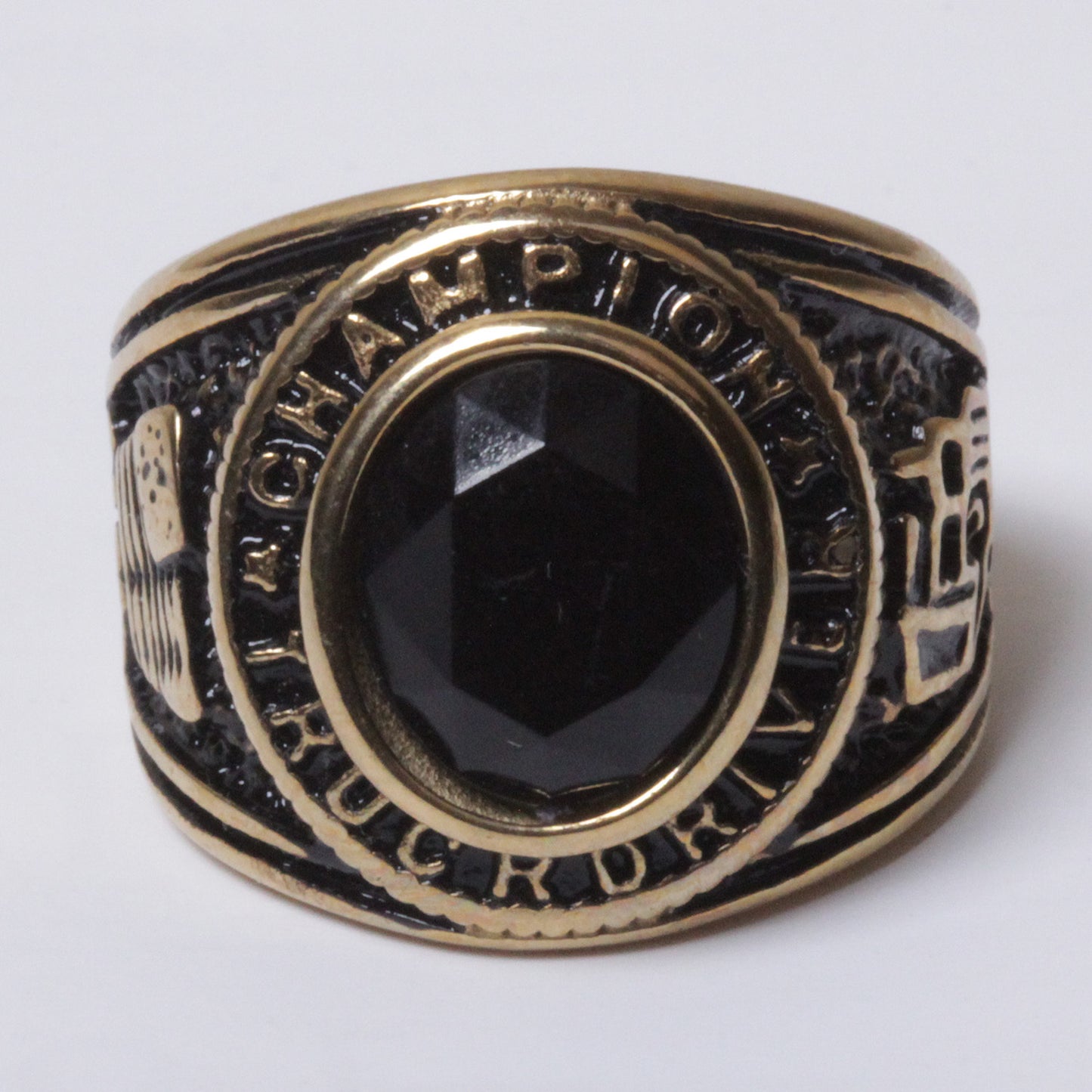 18K Gold plated Stainless Steel Black CZ Truckr Champion Ring Size 8-11 SR157