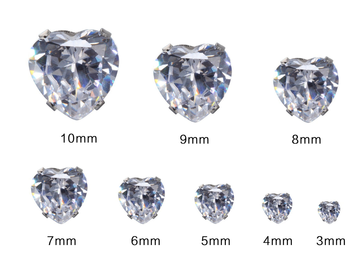 Fashion 316L Stainless Steel 3mm-10mm Love Heart Clear CZ Stud Earrings SD01