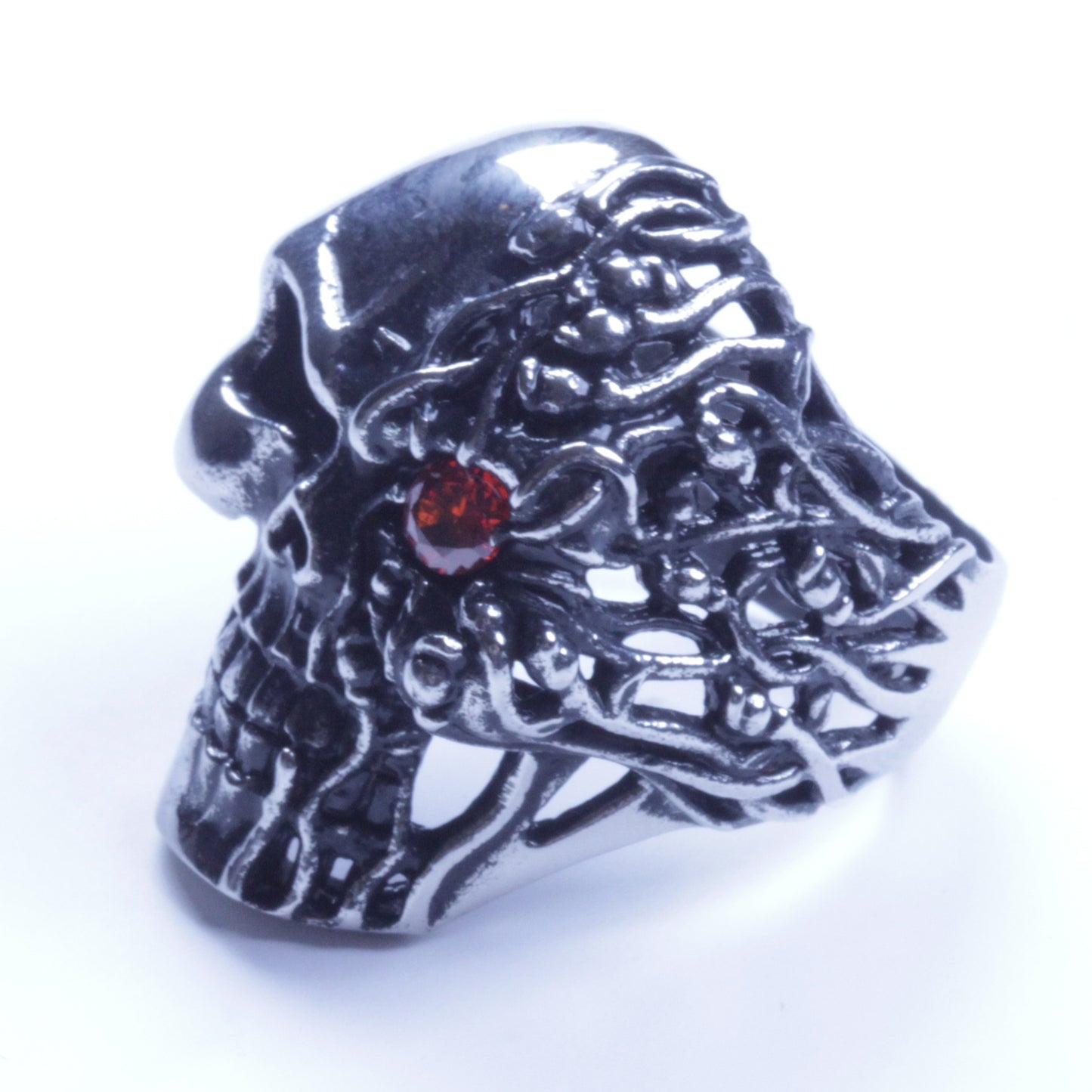 US Seller Men's Silver Stainless Steel Skull With Red CZ Eye Ring Size 8-14 SR54
