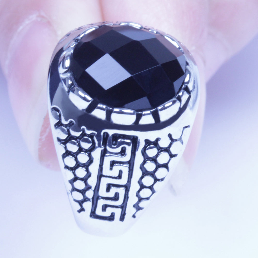 Men's Vintage Silver Stainless Steel Black CZ Harley Biker Ring Size 8-12 SR135