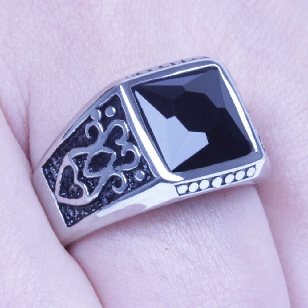 Men's Vintage Silver Stainless Steel Black CZ Harley Biker Ring Size 8-12 SR137