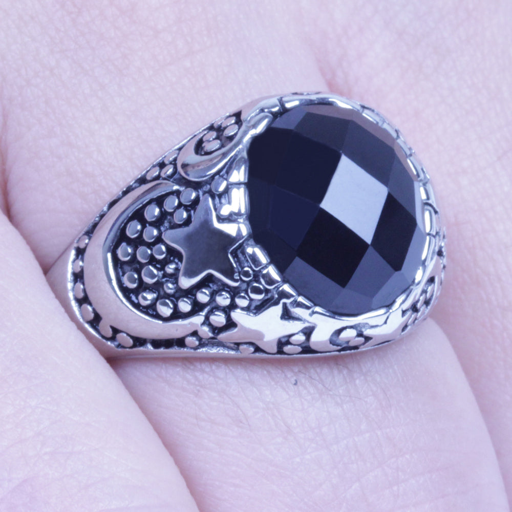 Men's Vintage Silver Stainless Steel Black CZ Harley Biker Ring Size 8-12 SR138