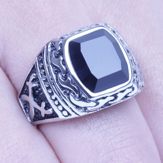 Men's Vintage Silver Stainless Steel Black CZ Harley Biker Ring Size 8-12 SR136