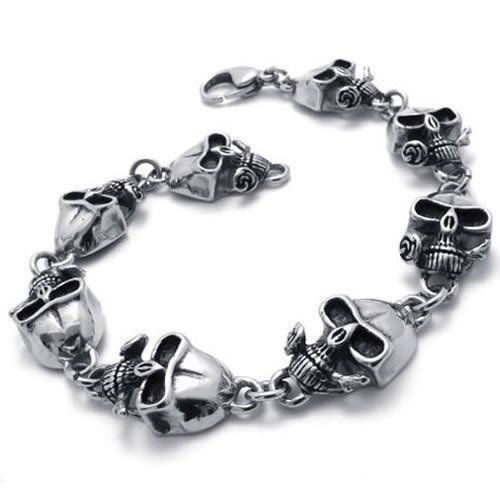 Men's Silver Stainless Steel Biker Skull Flower Bracelet SL05 USA Seller