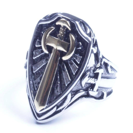 Silver Gold Stainless Steel Celtic Medieval Sword and Shield Ring Size 8-13 SR83