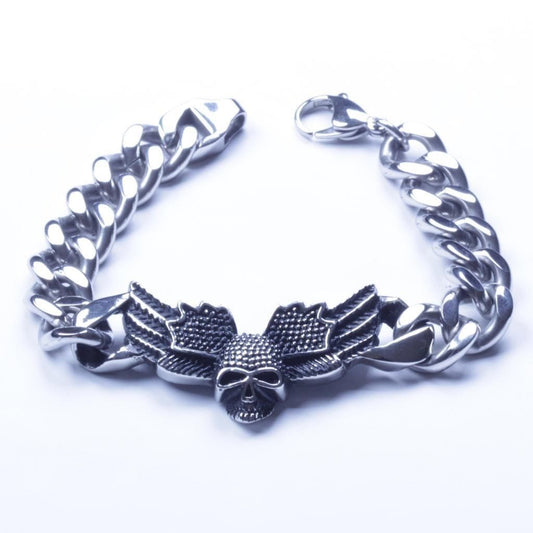Men's Silver Stainless Steel Biker Skull Wings Bracelet SL04 USA Seller