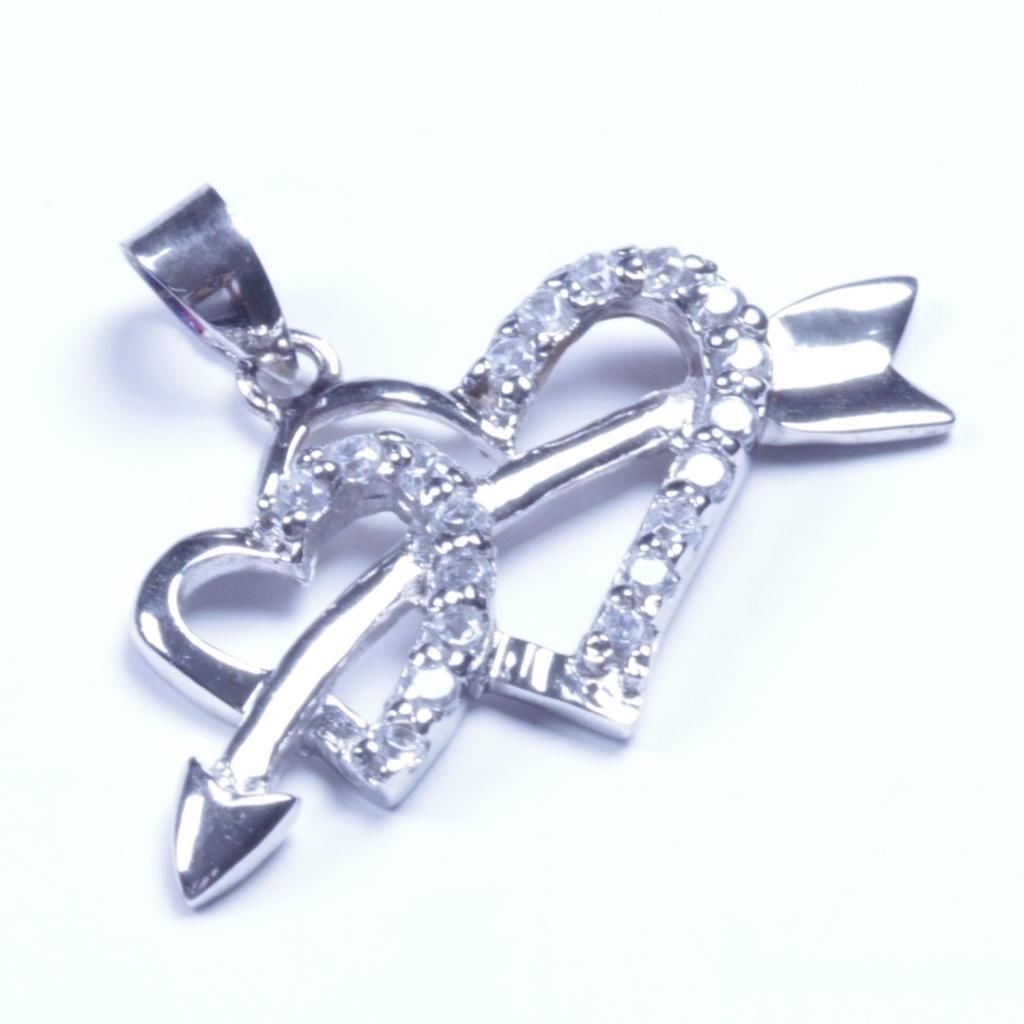 Genuine 925 Sterling Silver Double Heart Cupid Sword CZ Pendant Sy60 USA Seller