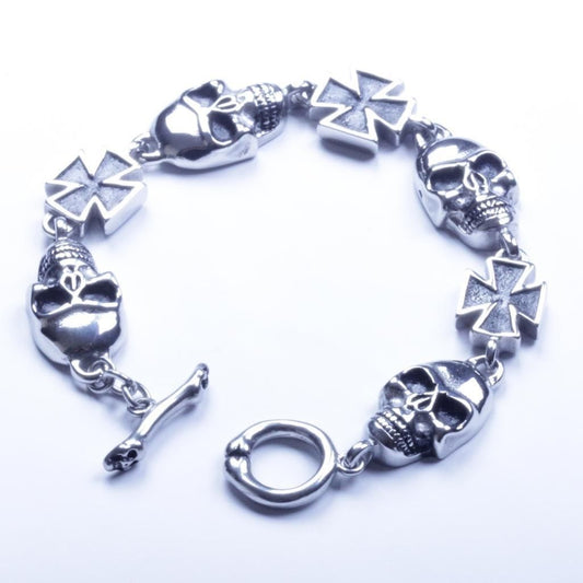US Seller Men's Silver Stainless Steel Biker Skull Cross Bracelet SL01