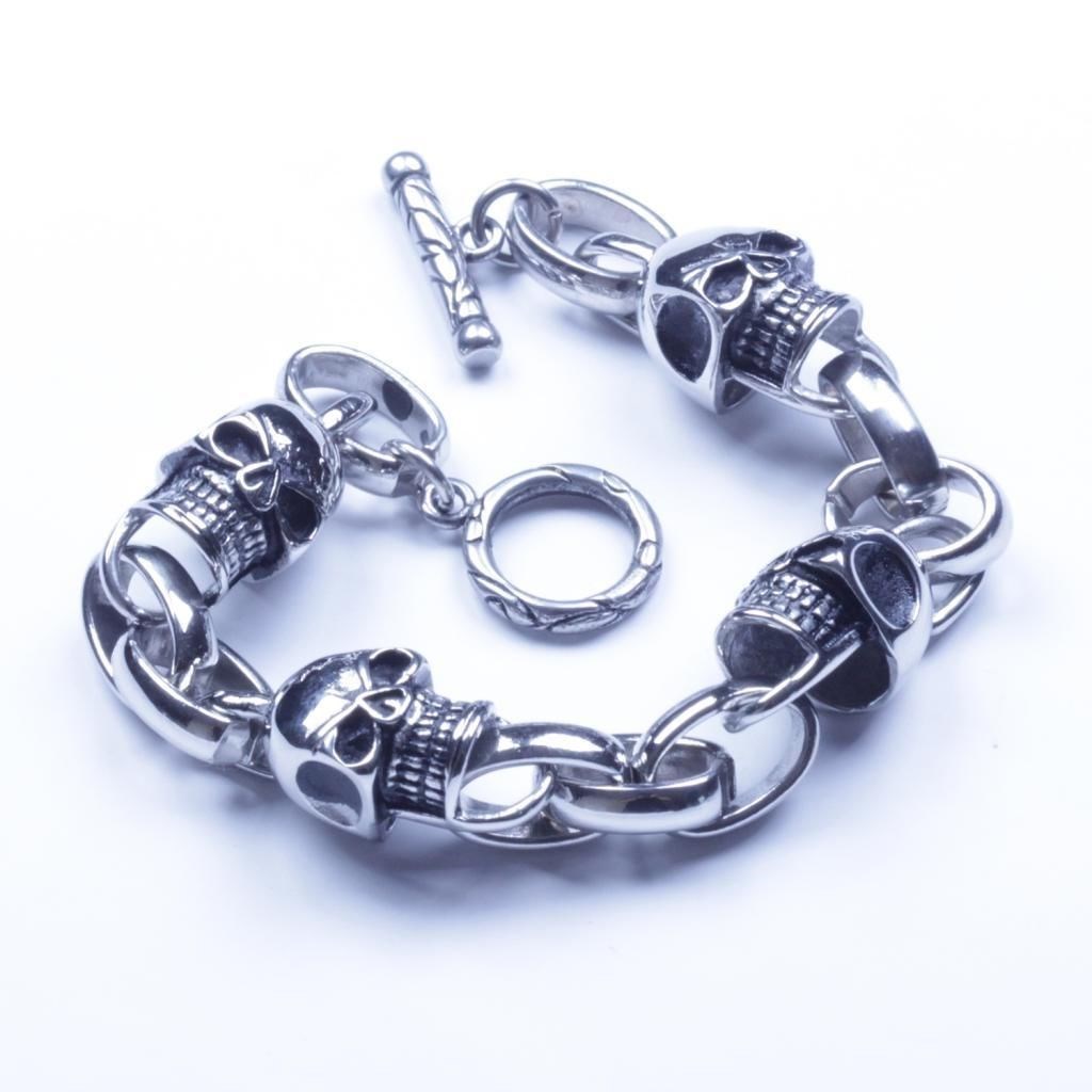 US Seller Men's Silver Stainless Steel Biker More Skull Bracelet SL10