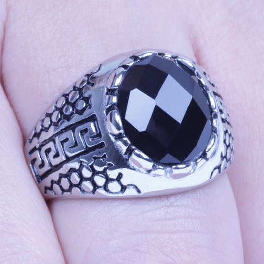 Men's Vintage Silver Stainless Steel Black CZ Harley Biker Ring Size 8-12 SR135