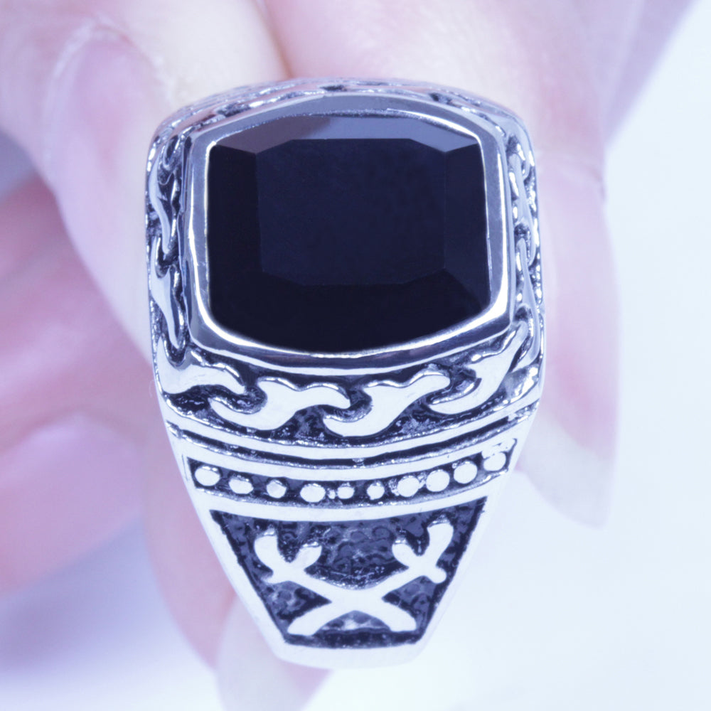 Men's Vintage Silver Stainless Steel Black CZ Harley Biker Ring Size 8-12 SR136
