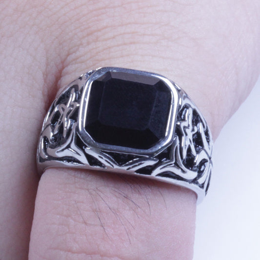 Men's Vintage Silver Stainless Steel Black CZ Biker Ring Size 8-12 SR99
