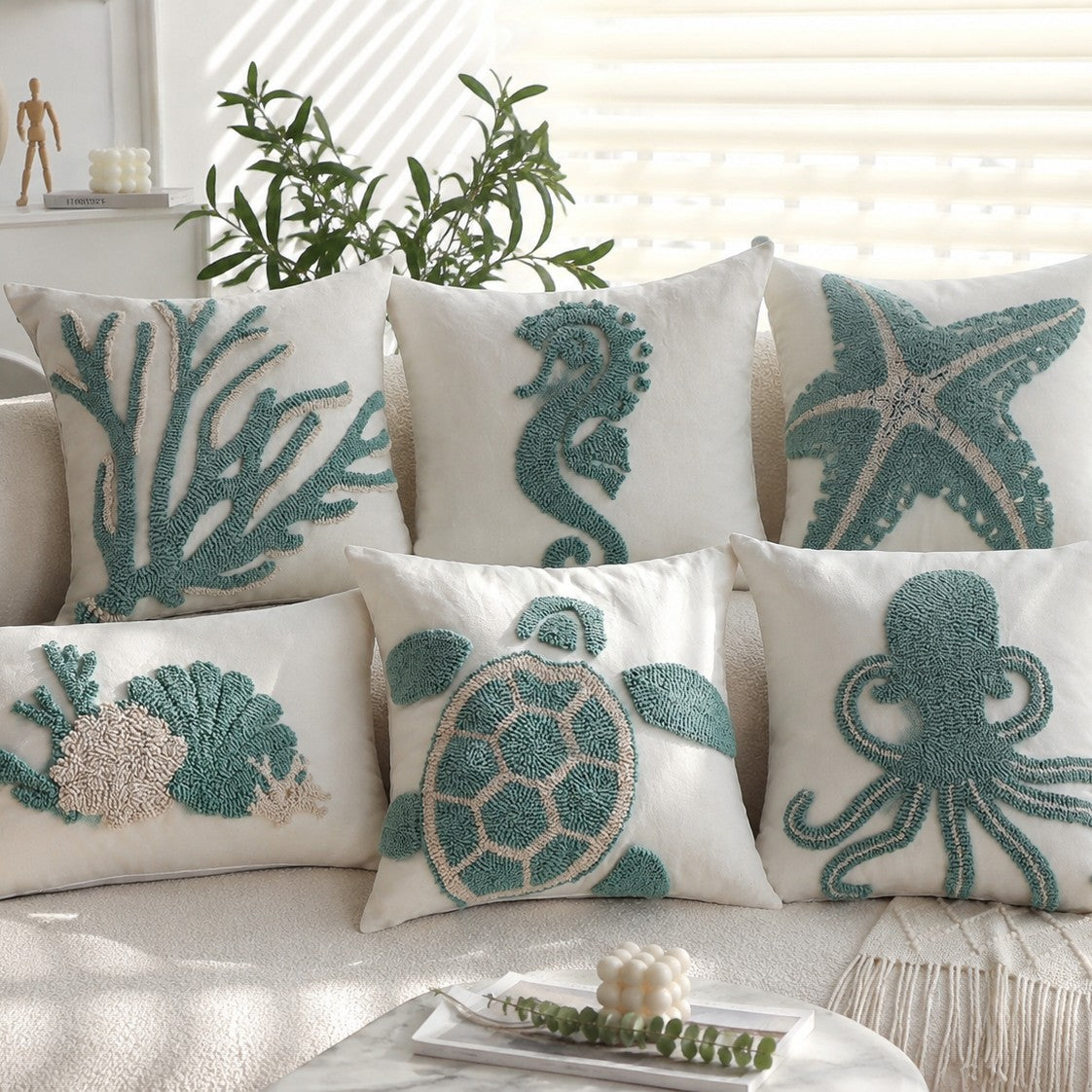 Coastal Tufted Throw Pillow Cover with insert  Textured Decorative Accent Pillow 18"x18" pack of 1