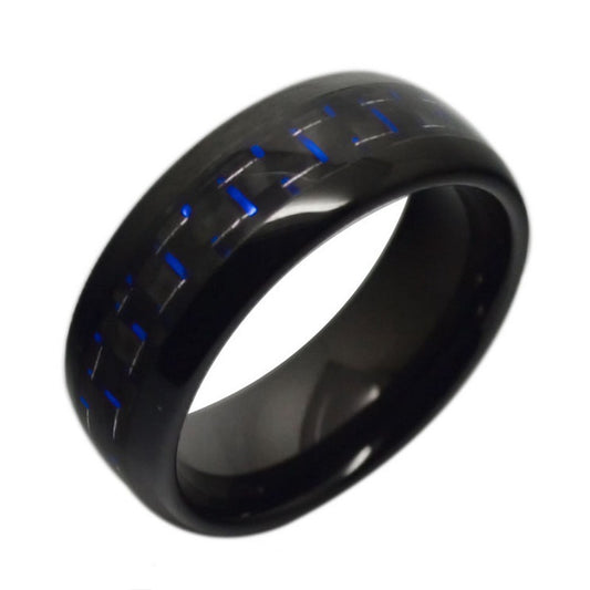 8mm Black Tungsten Carbide With Blue Carbon Fiber Wedding Band Size 8-13 TG56