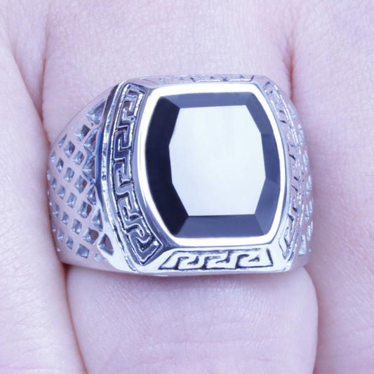 Men's Vintage Silver Stainless Steel Black CZ Ring Size 8-12 SR132