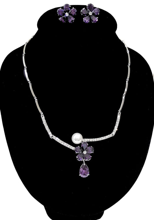 Pearl and Flower Swarovski Element Crystal Pendant Necklace with Earrings NES46