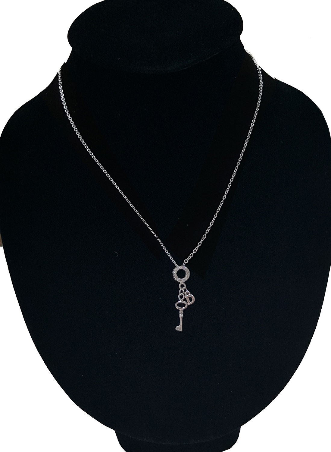 .925 Sterling Silver Key with Cubic Zirconia and Dangling Letter D Pendant SY83