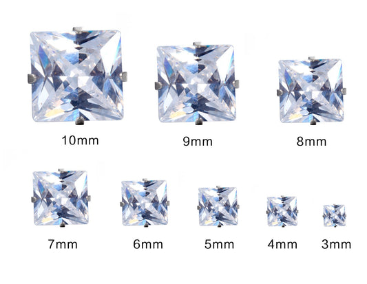 Charming 316L Stainless Steel 3mm-10mm Square Clear CZ Stud Earrings SD02