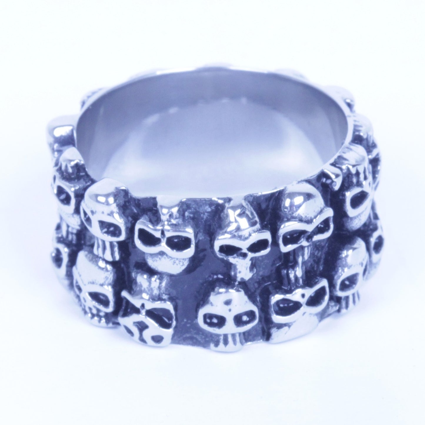 Men's Silver Stainless Steel Two Row Skull Biker Ring Size 9-14 SR148