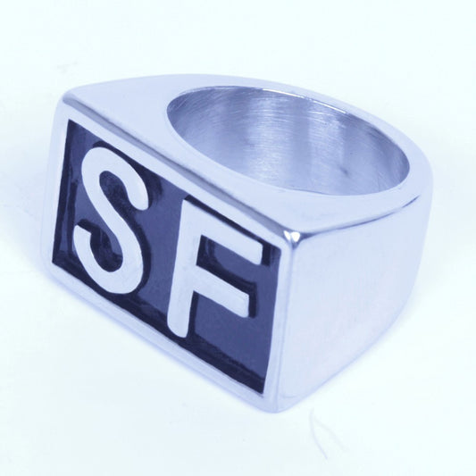 USA Seller Stainless Steel SF Initial Letter Biker Ring Size 8-14 SR128