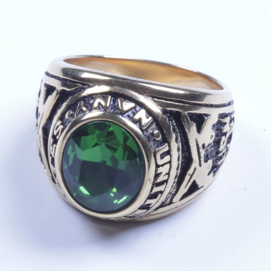18K Gold plated Stainless Steel With Green CZ Navy's Ring Size 9-11 SR95