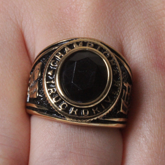 18K Gold plated Stainless Steel Black CZ Truckr Champion Ring Size 8-11 SR157