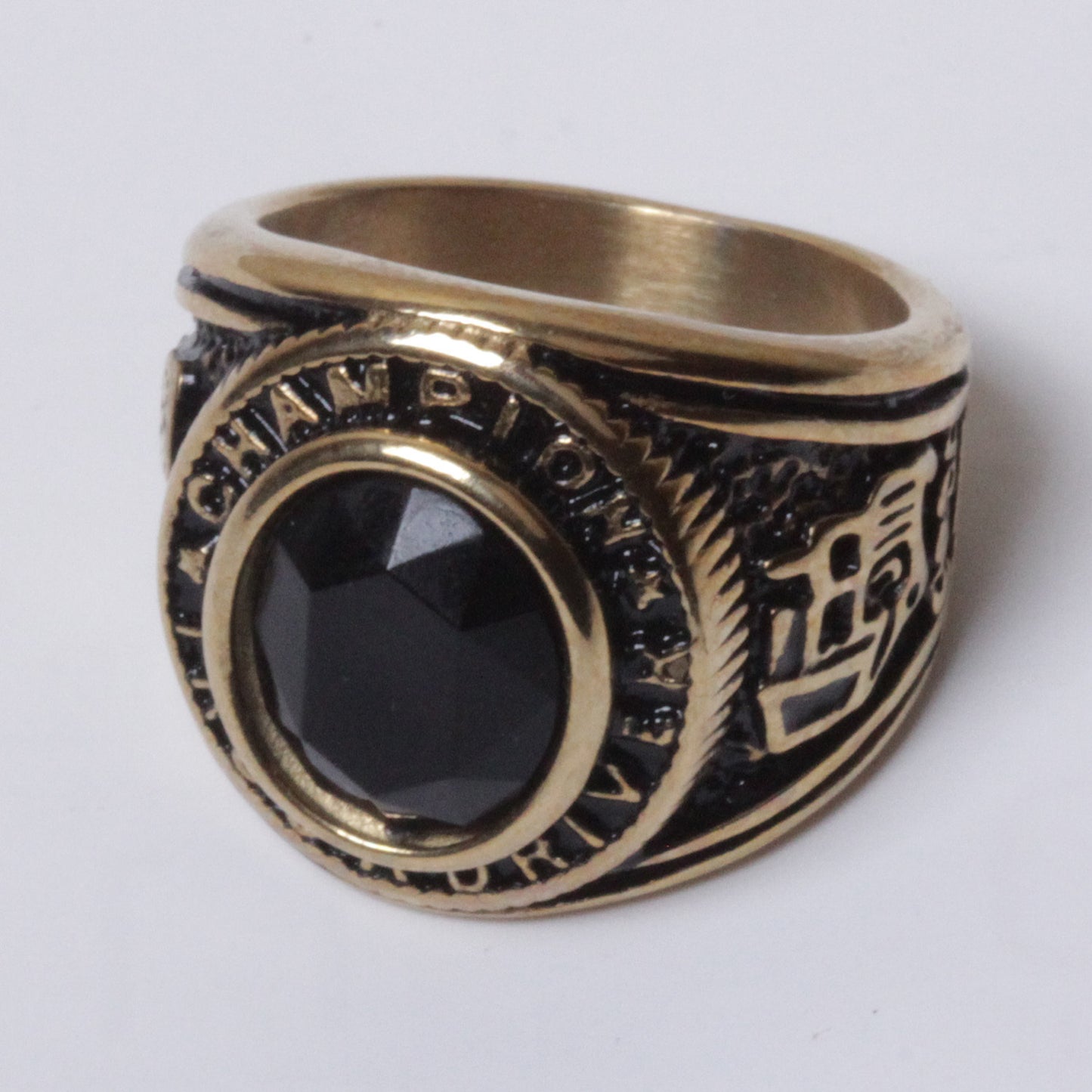 18K Gold plated Stainless Steel Black CZ Truckr Champion Ring Size 8-11 SR157