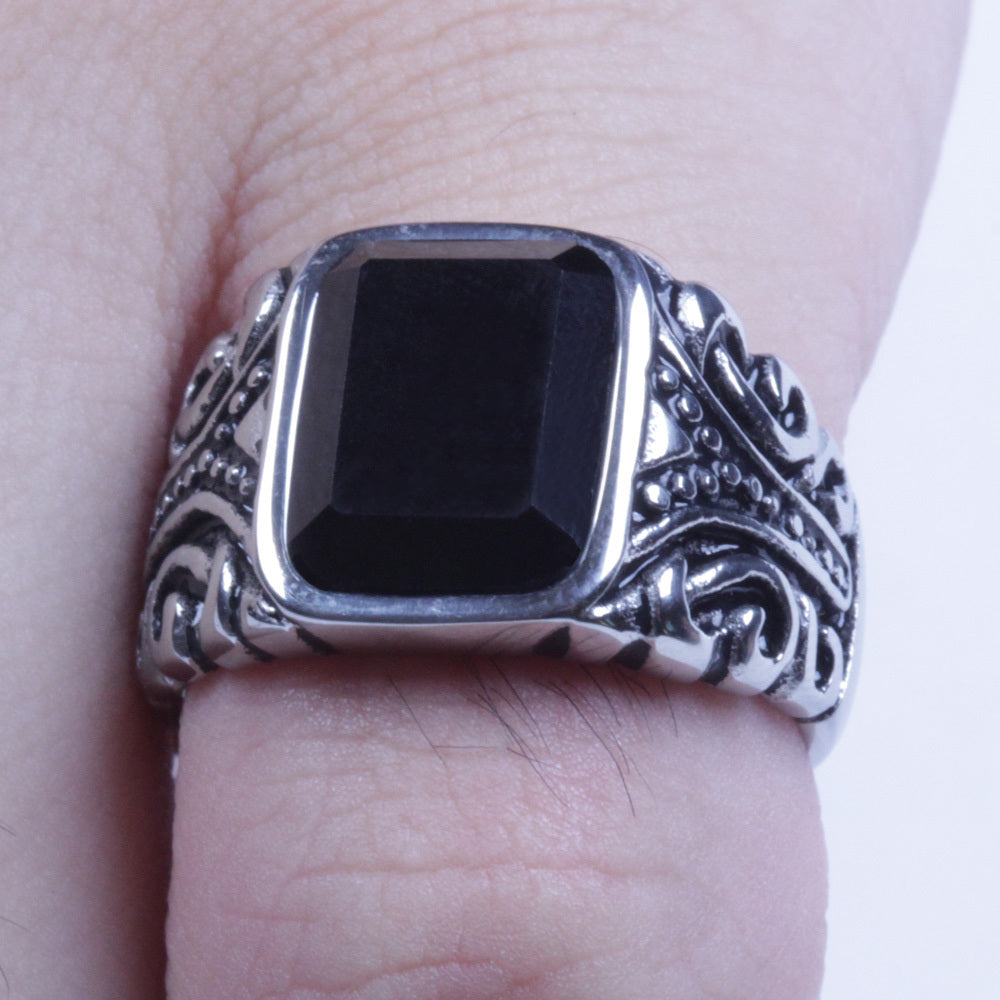 Men's Vintage Silver Stainless Steel Black CZ Ring Size 8-12 SR96