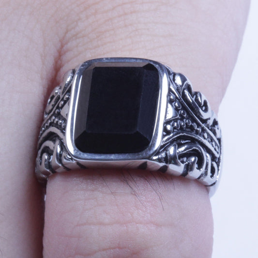 Men's Vintage Silver Stainless Steel Black CZ Ring Size 8-12 SR96