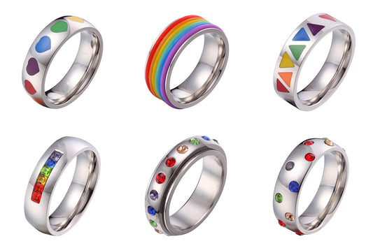 US Seller- LGBT Gay Pride Couple Wedding Rainbow 6MM Stainless Steel Rings HS25