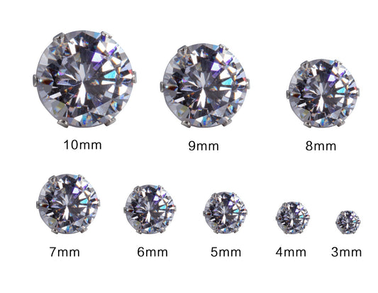 Lovely 316L Stainless Steel 3mm-10mm Round Clear CZ Stud Earrings SD03