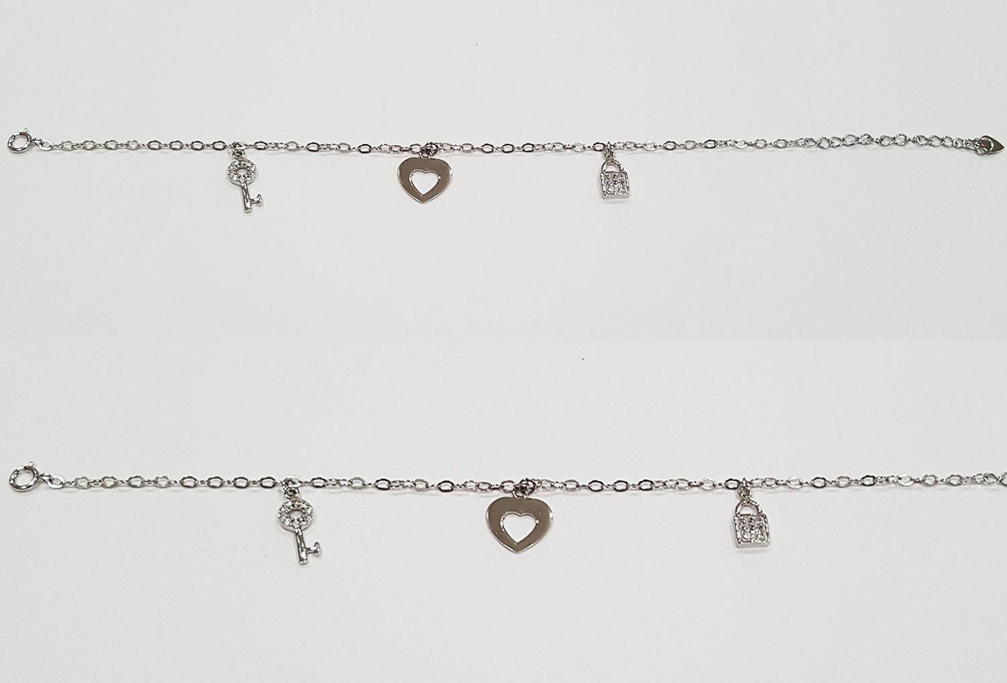 US Seller Genuine .925 Sterling Silver Heart, Lock and Key Charm Bracelet SY102