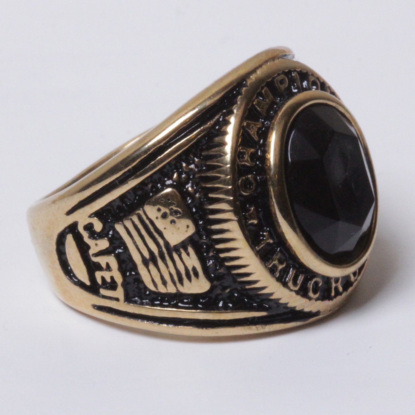 18K Gold plated Stainless Steel Black CZ Truckr Champion Ring Size 8-11 SR157