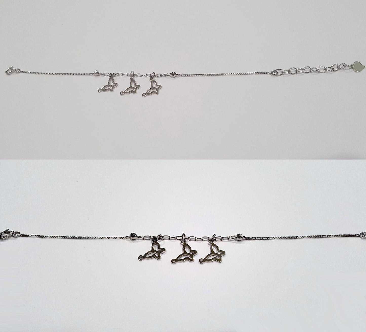 US Seller .925 Sterling Silver Three Butterfly Charm on Box Bracelet SY92