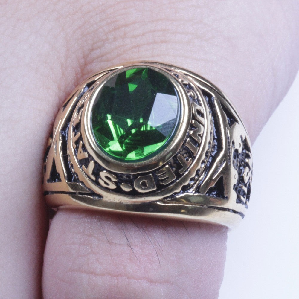18K Gold plated Stainless Steel With Green CZ Navy's Ring Size 9-11 SR95