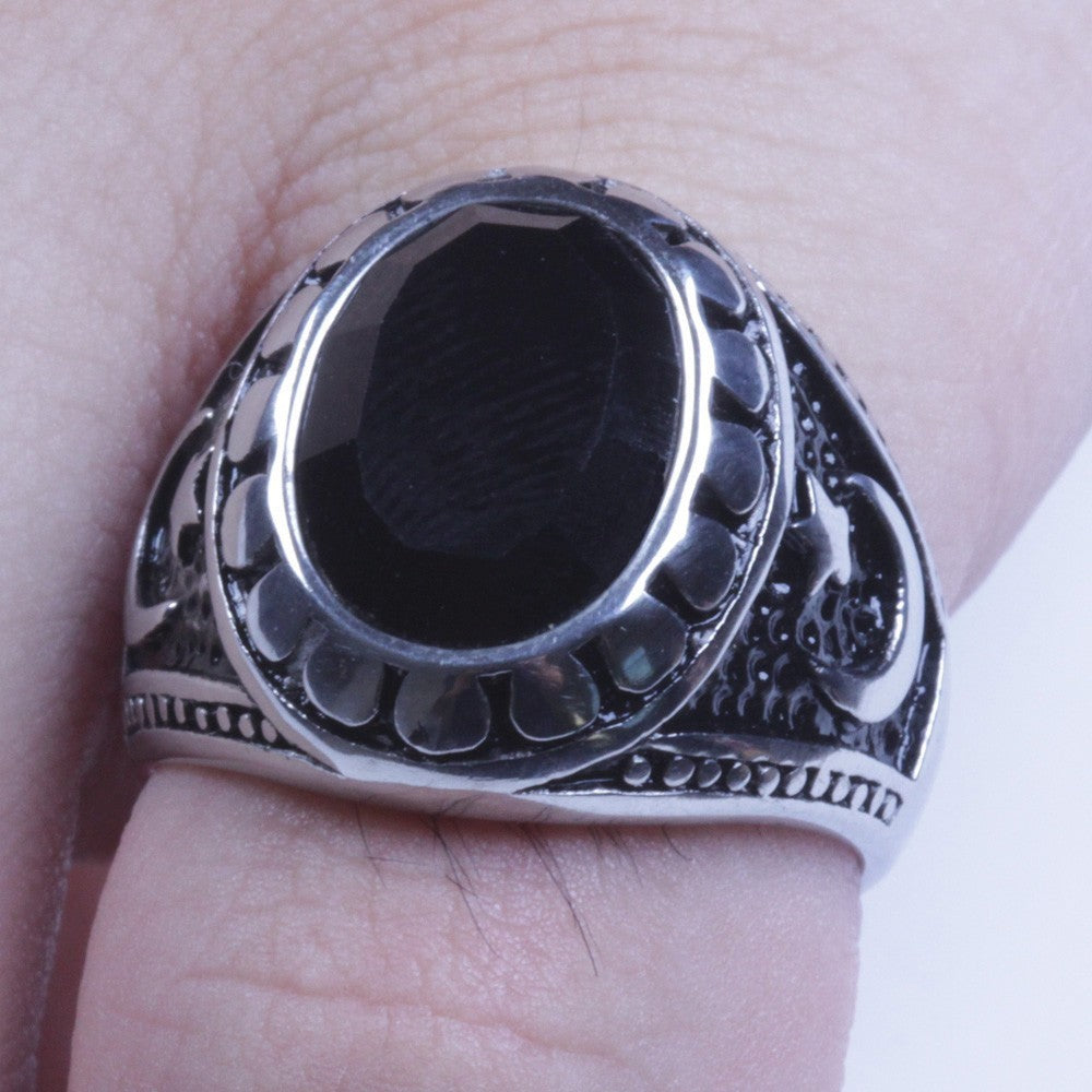 US Seller Mens Vintage Silver Stainless Steel Black CZ Biker Ring Size 8-12 SR98