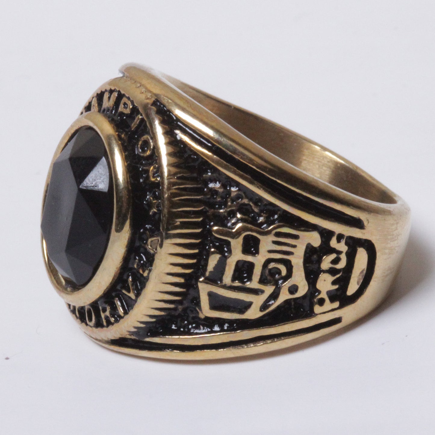 18K Gold plated Stainless Steel Black CZ Truckr Champion Ring Size 8-11 SR157