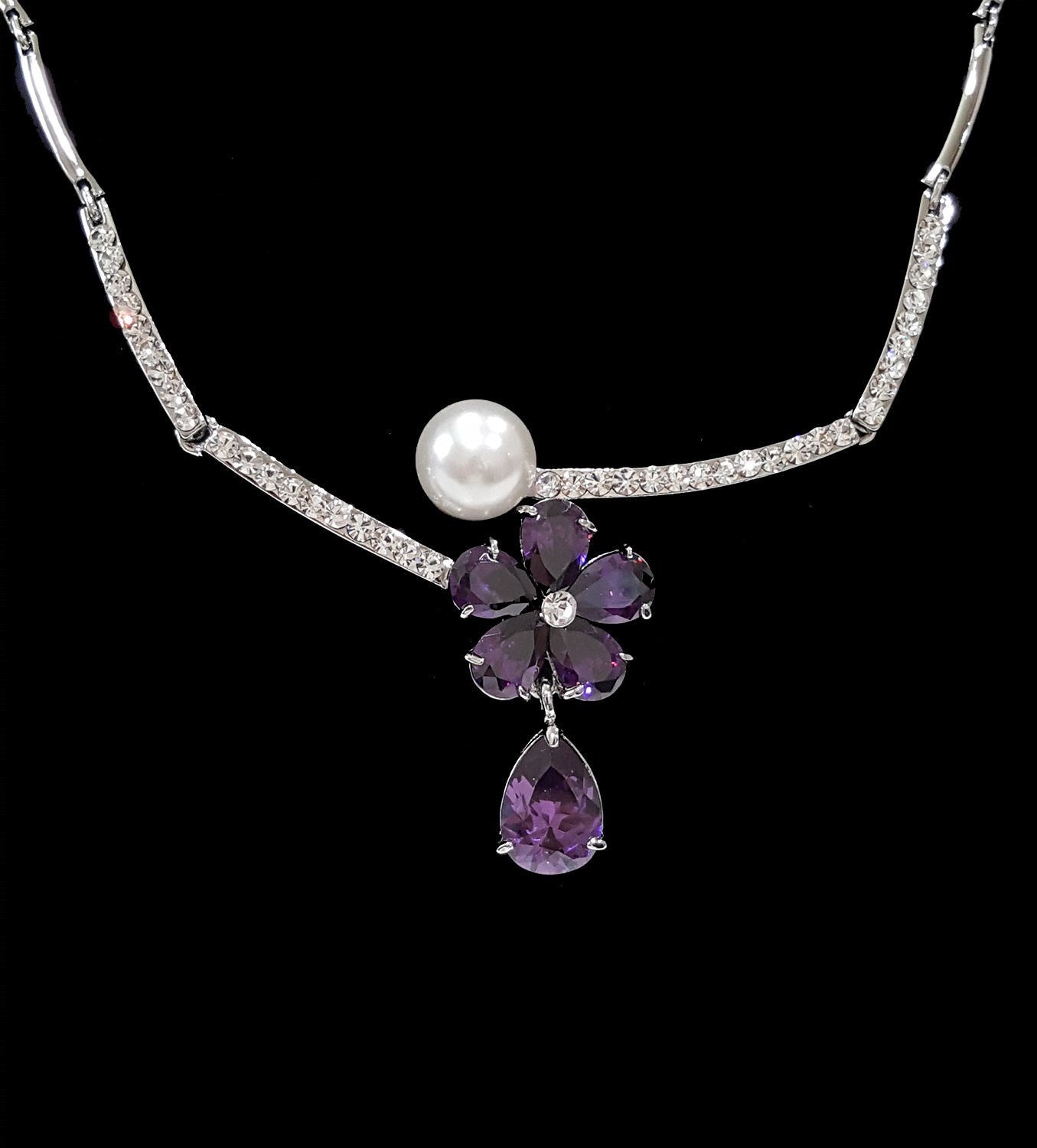Pearl and Flower Swarovski Element Crystal Pendant Necklace with Earrings NES46