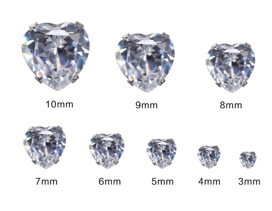 Fashion 316L Stainless Steel 3mm-10mm Love Heart Clear CZ Stud Earrings SD01