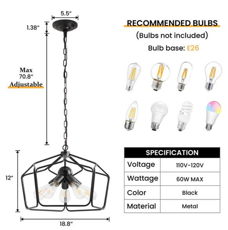 [PL-05BK-US light] 5-light black/brushed nickel lantern pendant light farmhouse square cage hanging light fixtures with adjustable chain