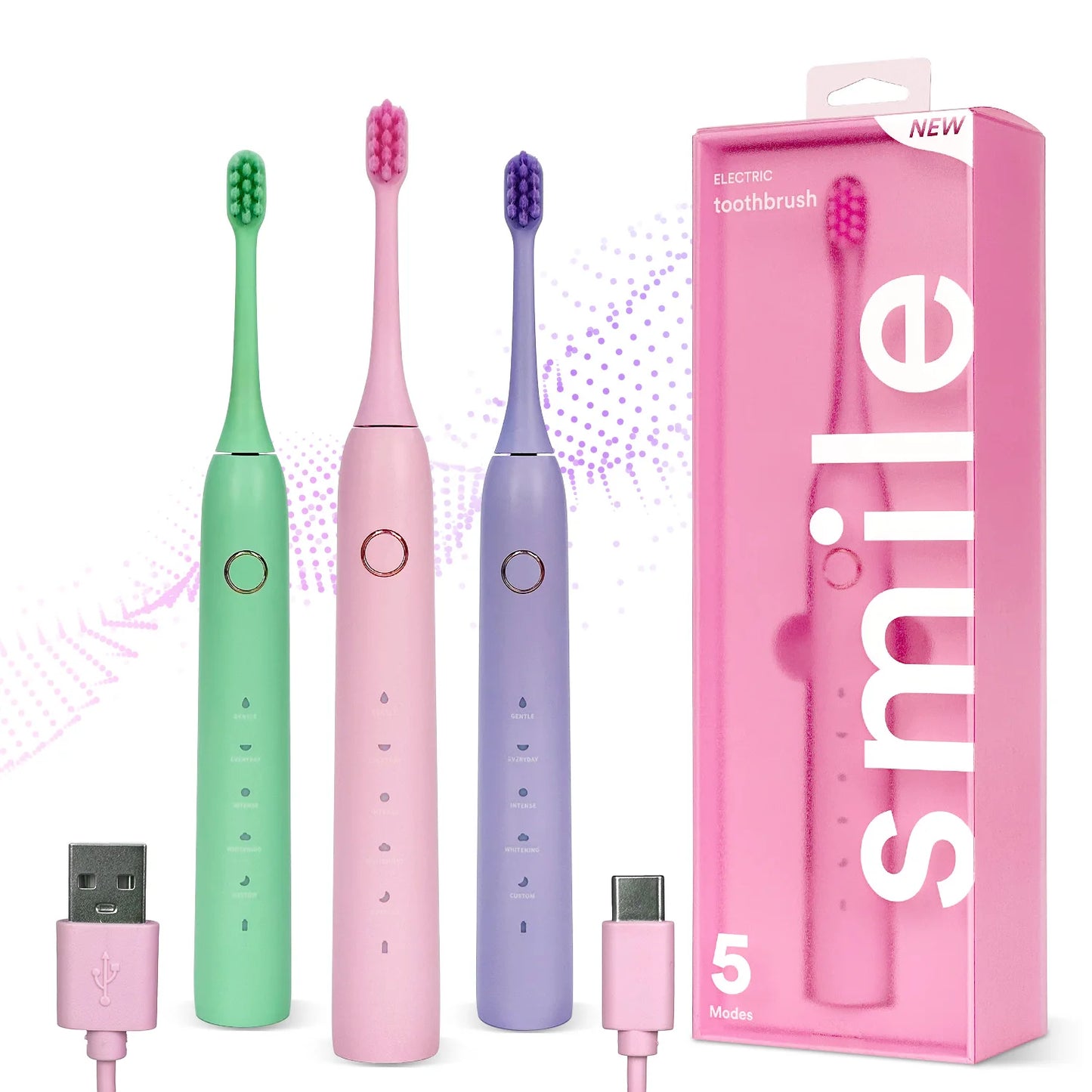 New Colorful Five Cleaning Modes Built-in Timer Soft Bristles Wireless Rechargeable Electric Toothbrush for Adults
