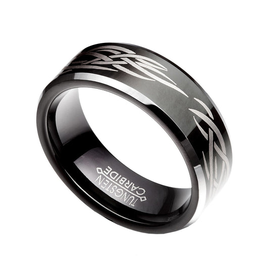 Black Tungsten Carbide 8mm With Gray Design Comfort Fit Half Size 8 -14 TG43