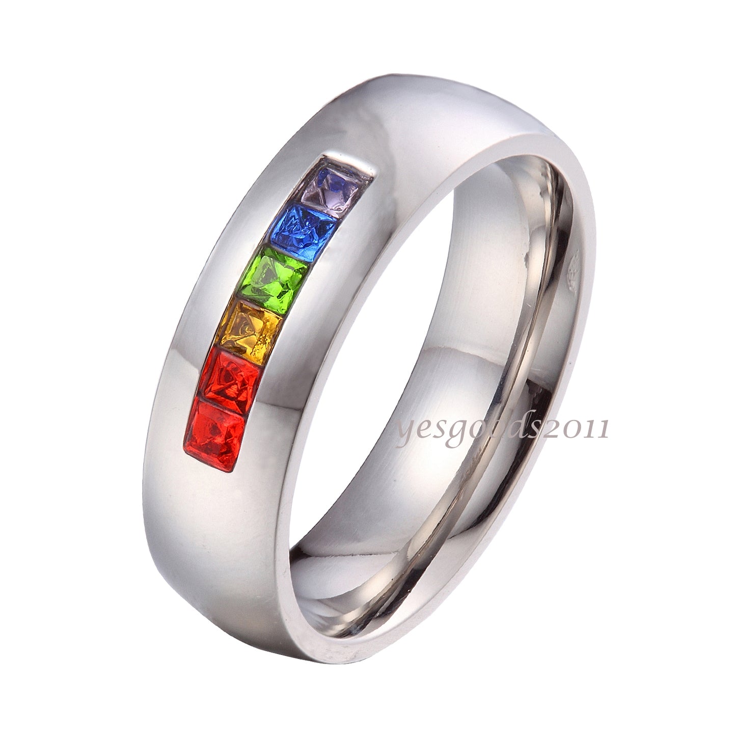 6MM Rainbow Color 6 CZ Stainless Steel Ring Comfort Fit Rings Size 5-10 SR113