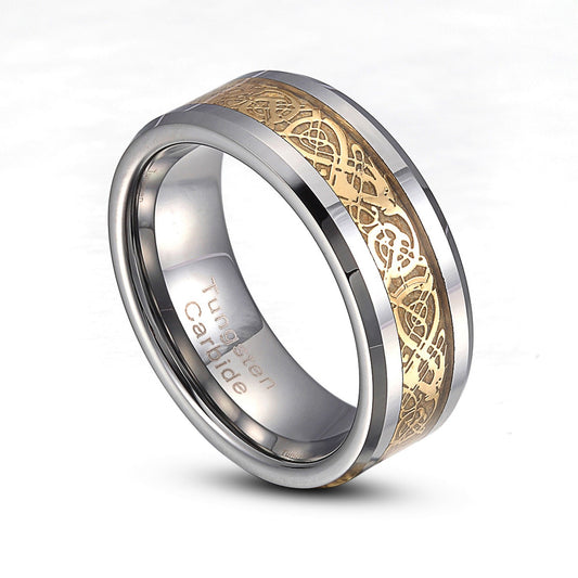 Tungsten Carbide 8mm Gold Dragon Inlaid wedding Band Ring 8-14 Half Size TG016